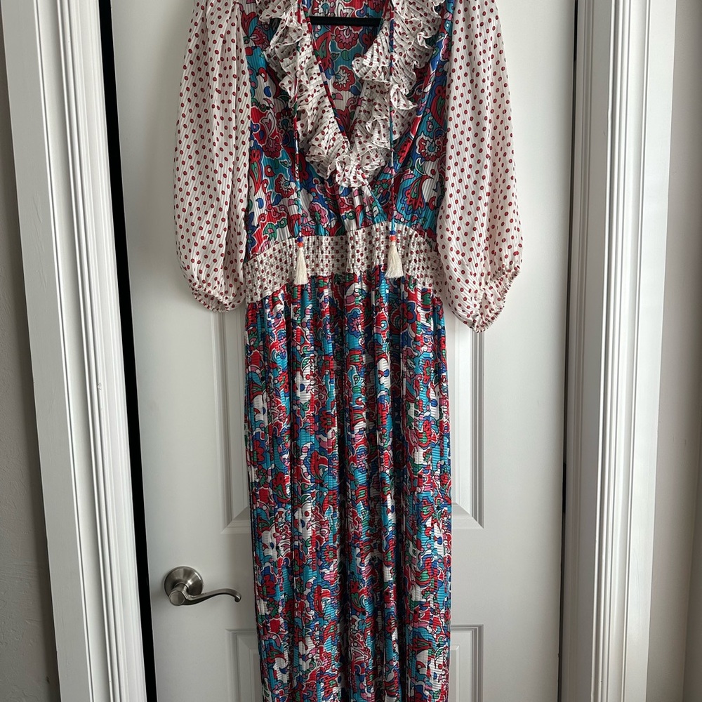 Vintage Diane Freis Floral and Polka Dot Ruffle Georgette Dress size Medium - Picture 2 of 7